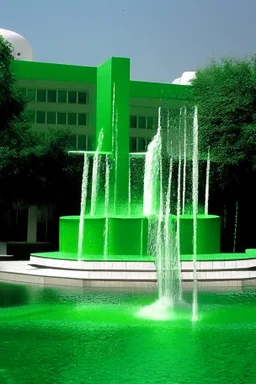 Green area, water fountain and building