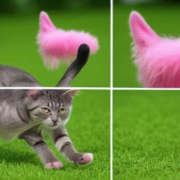 pink fur cat chasing butterfly on lawn highly detailed