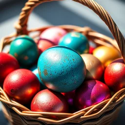 digital photograph of off-center modern basket colorful Easter eggs. eggs display intricate textures in azure, emerald, blush,red, crimson,gold, sapphire,metallic cinematic HDR backlighting highlights subtle dimples and glossy reflections, with shallow depth of field softening the sunlit background. hyperrealistic 8k resolution,