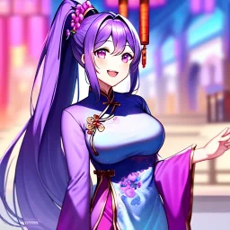 Clear focus, 8k, high quality, detailed, beautiful lighting, girl, vibrant colors, blue long hair, vibrant pink eye, vibrant purple eye, chinese clothes, ponytail, laughing