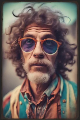 Space hippie man with Parisian bohemian look and glasses of colours and poor hair on the head. Farsightedness glasses and big eyes. Vintage look and feel like photos of the 70s