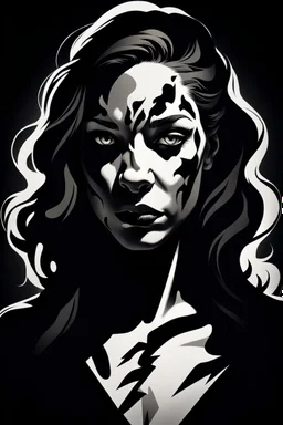 portrait of a women-panther mutant , monocrome color , amorphe dark-white shapes and shadows in background, high contrast, detailed, dark , noir, thriller, deep dark colors, gloomy, cinematic