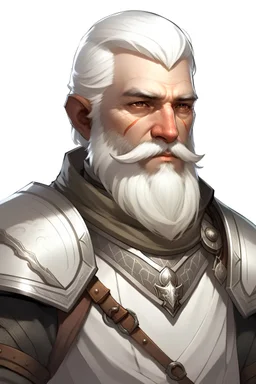 Generate me a male D&D character who is an assimar and in their late 30's wearing plate mail armor. They have silver hair and beard, along with smooth skin. The background should be a solid white color.