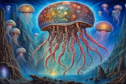 .bones. A jellyfish Cosmic robot .Fantasy, perfect anatomy, fantasy, vibrant digital art professional award winning masterpiece, oil on canvas Atmospheric extremely detailed Josephine Wall