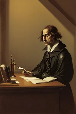 [Spinoza reading at a desk] As Spinoza sat at his desk, the gentle glow of candlelight flickered, casting mesmerizing shadows on his weathered face. His eyes, deep pools of contemplation, gazed thoughtfully at the pages before him, revealing the intensity of his intellectual pursuit. The room was a sanctuary of solitude, allowing him to immerse himself in the realm of metaphysical thought. Spinoza's high forehead, crowned by thick, unruly hair that fell slightly over his brows, accentuated his