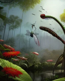 large venus fly trap with teeth eating a dragonfly, flowers, jungle, hyperrealistic, trees in background, digital art, alien like, disgusting, intricate, morbid, rainy, sinister, volumetric lighting, unreal engine, high resolution, 8k, depressing colors, dark colors, horror, horrific,