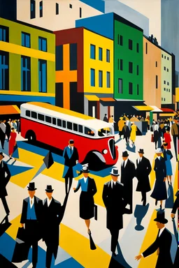 hustle and bustle in Berlin 1925; Bauhaus style, impasto, centered, ((excellent symmetry)), cinematic, dramatic, dynamic, ((great verticals)), ((great parallels)), excellent shadows, sharp shadows, (wild contrasts), (vivid bold colors)