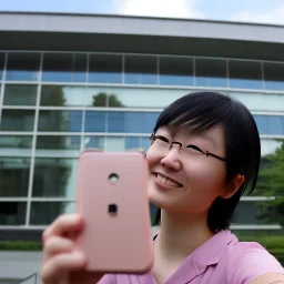 A short haired, Japanese female software engineer from Keio University taking a selfie in front of Building 92 at Microsoft in Redmond, Washington