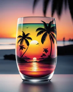 Stunning conceptual beach scene illustration in cocktail glass silhouette. Beach with vibrant colors, sunset sky and coast with palm trees. Cinematic black background, the glass looks like a window to a tropical paradise.12k 3D HD hyper-realistic Image quality CodeFormer AI 12K, cute flower fairy with bright wings like morning dew, flutters from flower to flower. Hair in curls,adorned with petals and pollen, mysterious phoenix woman,her silhouette made with interconnected and integrated elements