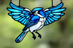 vitrail d'un geai bleu ailes déployées style japonais