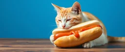 cat eating albino hot dog