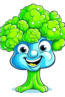fresh green broccoli drawing for children close-up one piece with blue eyes on a white background