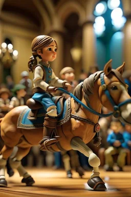 wild kid riding horse dog doll loosing beauty contest in ancient concert hall , photo-realistic, shot on Hasselblad h6d-400c, zeiss prime lens, bokeh like f/0.8, tilt-shift lens 8k, high detail, smooth render, down-light, unreal eng