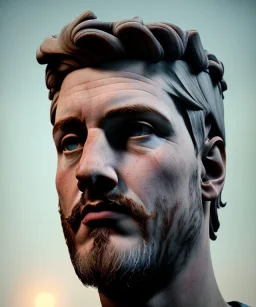 Gran angular, Realistic image, roman sculpture, marble material, Lionel Messi, Laurel wreath model, miguel angel style, emperador, God light, god rays, 4k resolution, real details, ornate details, soft lighting, unreal engine 5, soft cyan background.