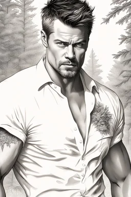 Portait Josh Duhamel as fantasy alpha male very muscular short cropped hair and rough beard, tribal tattoos wearing white button up shirt with rolled up sleeves realistic face, close-up, dark fantasy, fantasy forest, intricate details, hyper detailed, photograph