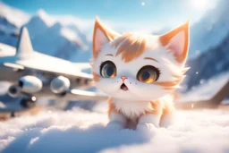 cute chibi anime frightened cat, crashed airplane in the snowy mountains in sunshine, ethereal, cinematic postprocessing, bokeh, dof