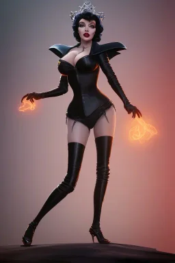 Joan Collins as evil queen in black leather, leather, busty, cleavage, angry, stern look. character design by cory loftis, fenghua zhong, ryohei hase, ismail inceoglu and ruan jia. unreal engine 5, artistic lighting, highly detailed, photorealistic, fantasy