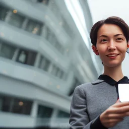 A short haired, female computer engineer taking a selfie in front of Building 92 at Microsoft