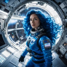 wide-angle photo of a woman in an electric blue spacesuit, with long glowing blue wavy hair, on a space station with views into space