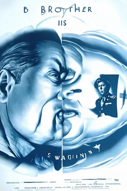 an old poster with "BIG BROTHER"(across top) "IS WATCHING"(across bottom) and the scowling face of a dictator in the middle. wwii era black and white printed poster on old paper