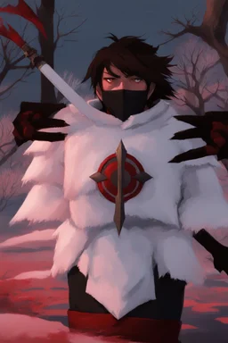 The character, in a striking white armour against a wintry backdrop stands with his hands behind his back inside the scene, he has a red and black circular symbol on his chest like a shield, a black pointed spear with a red handle on his back, His eyes are showing a dynamic expression and he wears a black oni mask with white teeth on it covering the bottom part of his mouth he has brown shoulder pads and a white belt with a bag attached to it. He has dark brown hair, he does not wear a helmet.