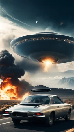 The image shows a photograph with a science fiction theme. Reflected in a side-view mirror, we see a car with passengers, driving on a desolate road. In the background, a large UFO hovers in the sky while multiple explosions erupt in the distance, sending up clouds of smoke and fire. The mirror's border frames this chaotic scene, juxtaposing a calm, seemingly oblivious drive with the dramatic events unfolding behind.