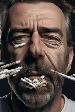 un homme avec 300 cigarettes dans la bouche.