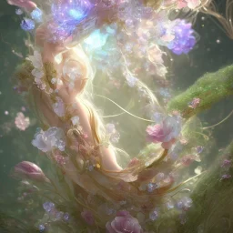 one big crystal subtle flower in a galactic ambiance with a beautiful fairy, transparent petals, delicate colors, in the foreground, full of details, smooth，soft light atmosphere, concept art, smooth, extremely sharp detail, finely tuned detail, ultra high definition, 8 k, unreal engine 5, ultra sharp focus