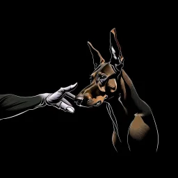 Striking one line art design featuring a side view of a Doberman dog and a man's raised hand in friendly fist bump. The man's arm is isolated, it emphasizes the bond and connection between the two. The Doberman has an affectionate expression. Intense black background. Simple but powerful design, symbolizes the connection between humans and pets