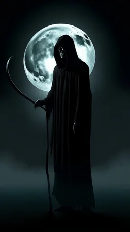 mysterious, hooded figure with a scythe, standing in a misty graveyard under a full moon. The figure should be shrouded in darkness, with only the eerie glow of their eyes and the blade of the scythe visible.