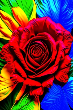 wallpaper art image extremely detailed 4K with royal blue, red rose, and bright yellow color