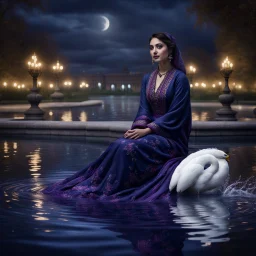 Hyper Realistic Photographic View Of A Beautiful Young Pashto Woman wearing navy-blue-embroidered-dress-with-purple-shawl Alone-happily-sitting on the surface of a fancy-water-fountain & a swan swimming on the surface of water at cloudy dark night showing dramatic & cinematic ambiance.