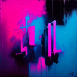 Minimal abstract oil painting of bright pink and blue. with random words. illuminated at night. In the style of Justin Mortimer and Phil Hale and Ashley Wood