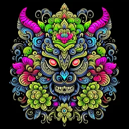 logo design, complex, trippy, bunchy, 3d lighting, Gargoyle , highly detailed face, colorful floral scarf, flowers, cut off, ancient, symmetrical, papercut