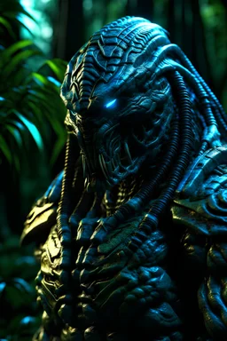 Predator, jungle, (Armored Blue skin cracked:1.4), hdr, (intricate details, hyperdetailed:1.16), whole body, piercing look, cinematic, intense, cinematic composition, cinematic lighting, color grading, focused, (dark background:1.1), hdr, hd