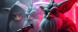 volume fog light, hyper real close up on fluffy beard faces of rock alien cricket duck priest gremlin man general with hi tech transcendent lazer plasma blaster scepter arsenal from hell, guarding bridge up to space saucer neon plastic transparent