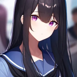 Clear focus,High resolution, Black long fluffy hair, long bangs, and purple eyes, Depressed girl, wearing a sailor uniform, cartoony style, extreme close up, winking