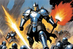 Original Art by Howard Chaykin (Vortex Comic, 1988): A towering armored warrior, whose jagged plate armor glows with internal molten fire, shouts orders on a chaotic battlefield. Pointing a heavy flanged mace forward, he leads his troops through dust and flying arrows, a glowing aura of authority hovering above his helmet.
