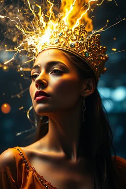 A hyper-realistic, detailed photo ,Glass crack and electrical sparking yellow fire gorgeous colourfull women full body and crown on her head , bathed in cinematic light. , realistic elements, captured in infinite ultra-high-definition image quality and rendering, full size photo