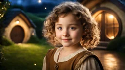 Little very young hobbit girl, beautiful, confident, calm, wise, happy, innocent, facing camera, head and shoulders, curly hair, hobbit clothing, perfect eyes, LOTR village, hobbit homes with circular windows and circular doors, night scene, stars, fireflies, 16k artistic photography, exquisite composition, photorealistic concept art, soft natural volumetric light, chiaroscuro, award-winning photograph, masterpiece, style William-Adolphe Bouguereau