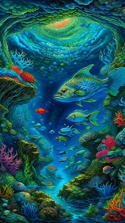 An Trees, waterfalls, and imaginative landscapes. Underwater lake fish. Coral. The sky is decorated with stars and sky waterfalls fantasy, perfect anatomy, fantasy, vibrant digital art professional award winning masterpiece, oil on canvas Atmospheric extremely detailed Josephine Wall