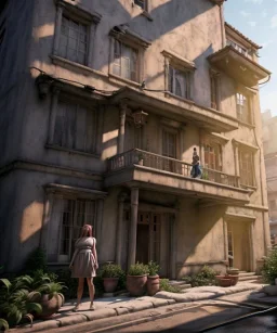 Realistic image, super giant woman inside a house, looks out through the windows. people on the street are watching him, soft color, highly detailed, unreal engine 5, ray tracing, RTX, lumen lighting, ultra detail, volumetric lighting, 3d, finely drawn, high definition, high resolution.