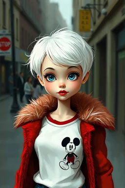 photorealistic impasto impressionist digital oil painting of a vintage styled cartoonish high Brats doll, white hair, fur red coat and white old t-shirt with mickey, ethereal, in the street,she has short hair like jean seberg