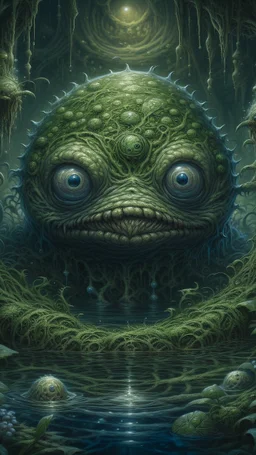Swamp Thing, dark ball , ominous, , , intricate, oil on canvas, masterpiece, expert, insanely detailed, 4k resolution, retroanime style, cute big circular dark eyes, cinematic smooth, intricate detail , soft smooth lighting, soft pastel colors, painted Renaissance stylestyle