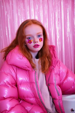 Autochrome , close up of sadie sink, she has flowers painted on her lips, she has no make up on, she is wearing a shiny pink puffer coat, ,the light is pink, à pink curtain in the background with glitter
