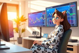 3D video game character blue eyed brunette woman in leisure suit with cat pattern on it enthusiastically and cheerfully watching crypto charts on big monitors in a modern room in sunshine