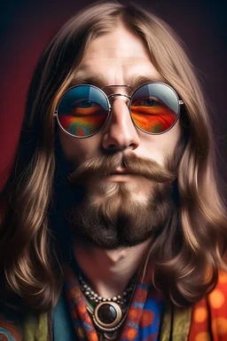 Space hippie man with danish look and sunglasses of colours and long hair on the head. Farsightedness glasses and big eyes. Vintage look and feel like photos of the 70s