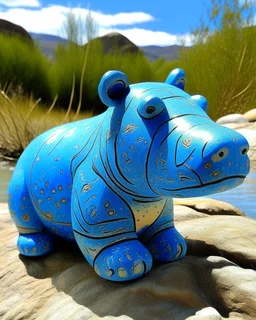 A blue water elemental hippopotamus designed in native American petroglyphs painted by Qiu Ying