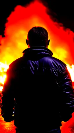 Man in a black bomber jacket, back to the camera, looking down a street, watching an explosion of fire and lights in front of him.