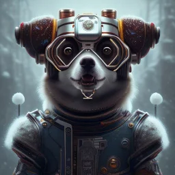 Cyberpunk Portrait of cyborg dog child with brown hair and with cute face, north pole snowy vibe , perfect composition, hyperrealistic, super detailed, 8k, high quality, trending art, trending on artstation, sharp focus, studio photo, intricate details, highly detailed, by greg rutkowski